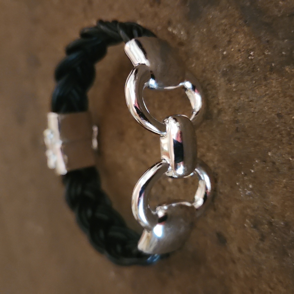 Equestrian Black Braided Leather Bracelet. MED